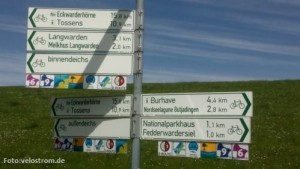 Foto eines Radwegweisers mit vielen Schildern auf der Halbinsel Butjadingen