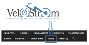 Screenshot der Startseite von VeloStrom.de mit markiertem Menüpunkt Videos